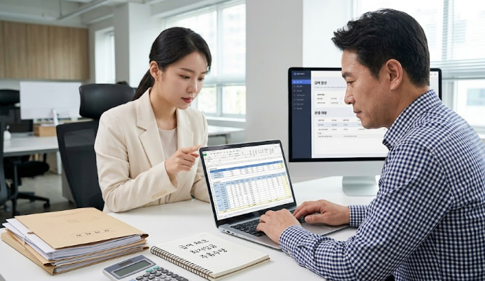 사업주가 급여 계산기로 주휴수당과 최저임금을 확인하는 장면