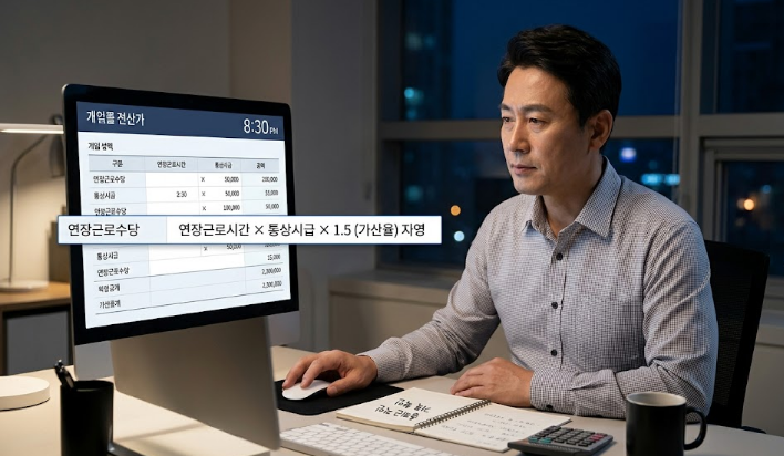 야근 시간과 연장근로수당을 계산하는 사업주 화면