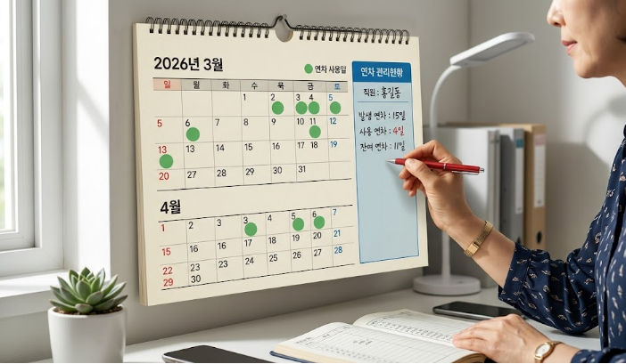 연차 사용일과 잔여일수를 관리하는 캘린더 화면