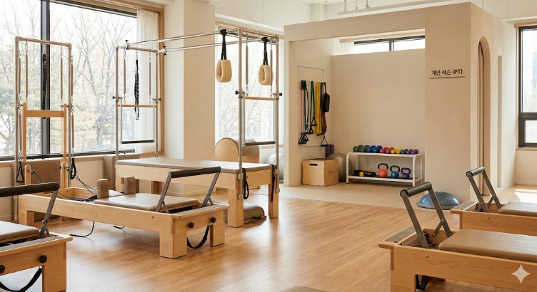 필라테스 기구와 소형 웨이트가 함께 배치된 센터 내부