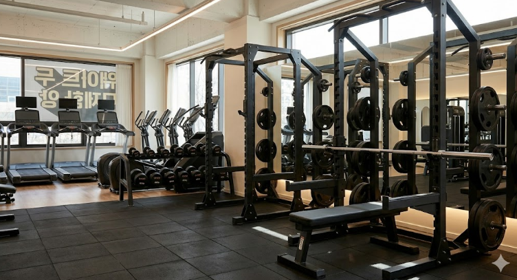 스쿼트랙과 러닝머신이 설치된 피트니스 공간