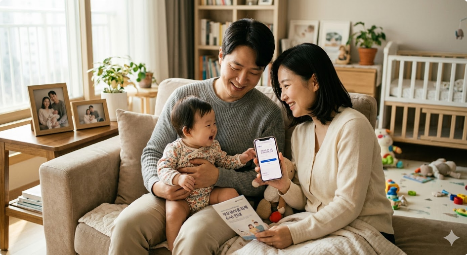 육아휴직을 고민하는 부부와 아이의 일상 모습