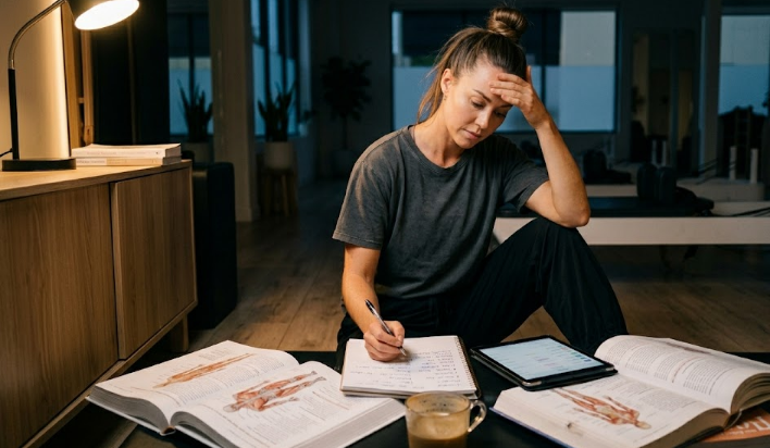 필라테스 강사 급여 구조를 메모하는 장면