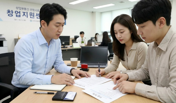 매장 양도양수 계약 상담과 서류 검토 장면