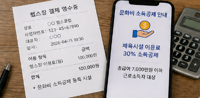 헬스장 결제 영수증과 소득공제 안내 화면
