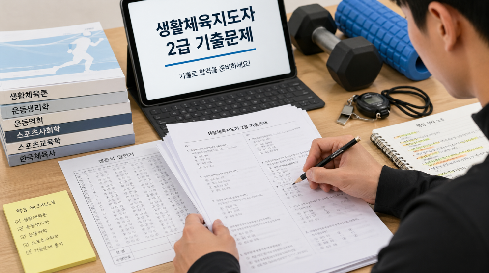 생활체육지도자 2급 기출문제를 풀고 있는 모습