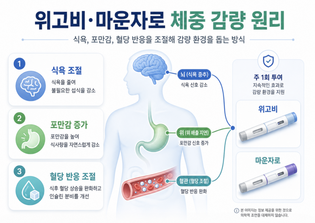 위고비 마운자로 체중 감량 원리 설명 이미지