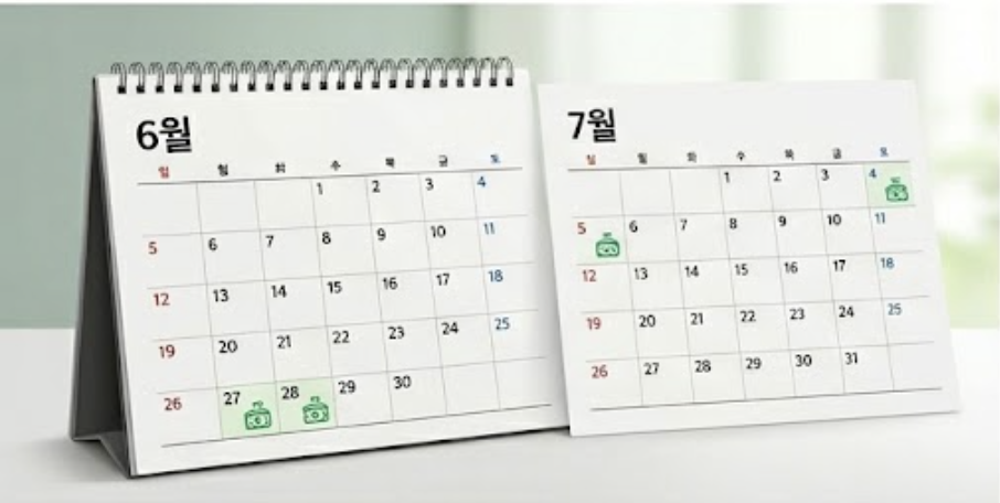6월과 7월 달력에 종합소득세 및 지방소득세 환급일이 직관적으로 표시된 일러스트