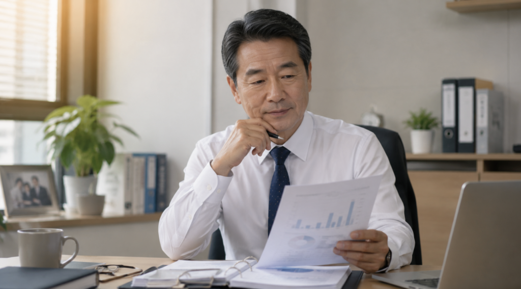 50대 중장년 직장인이 서류를 보며 미소 짓고 있는 신뢰감 있는 모습