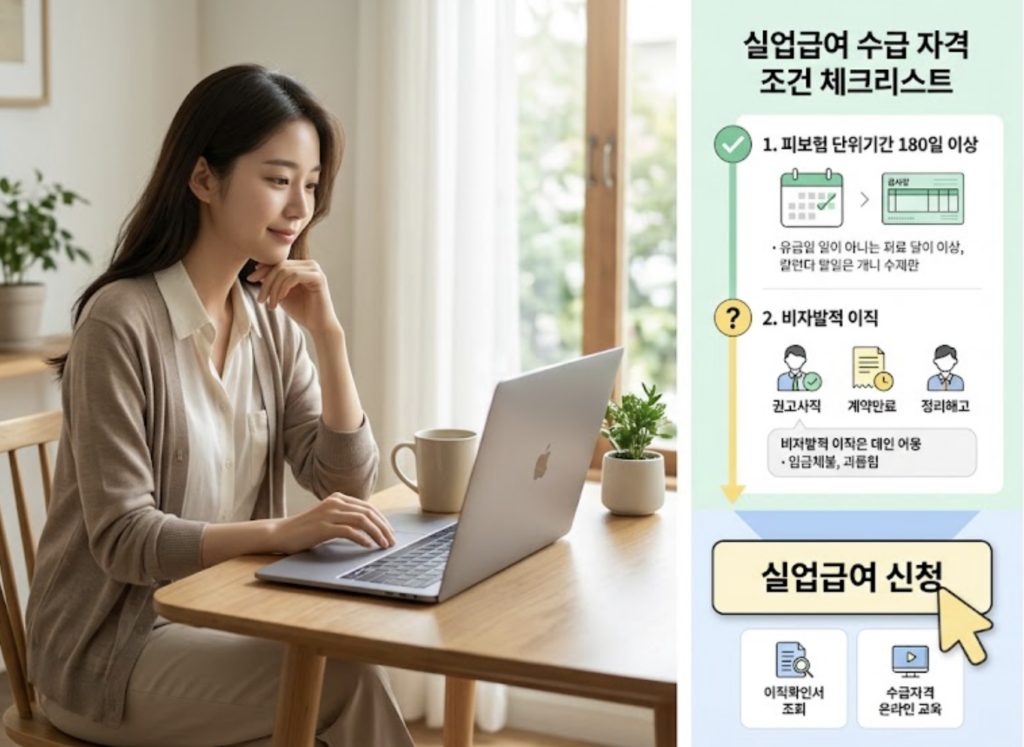 실업급여 수급 자격 요건 체크리스트 인포그래픽
