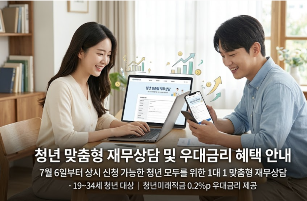 전문 재무상담사와 청년이 카페에 앉아 자산관리 포트폴리오를 보며 대면 상담을 진행하는 모습
